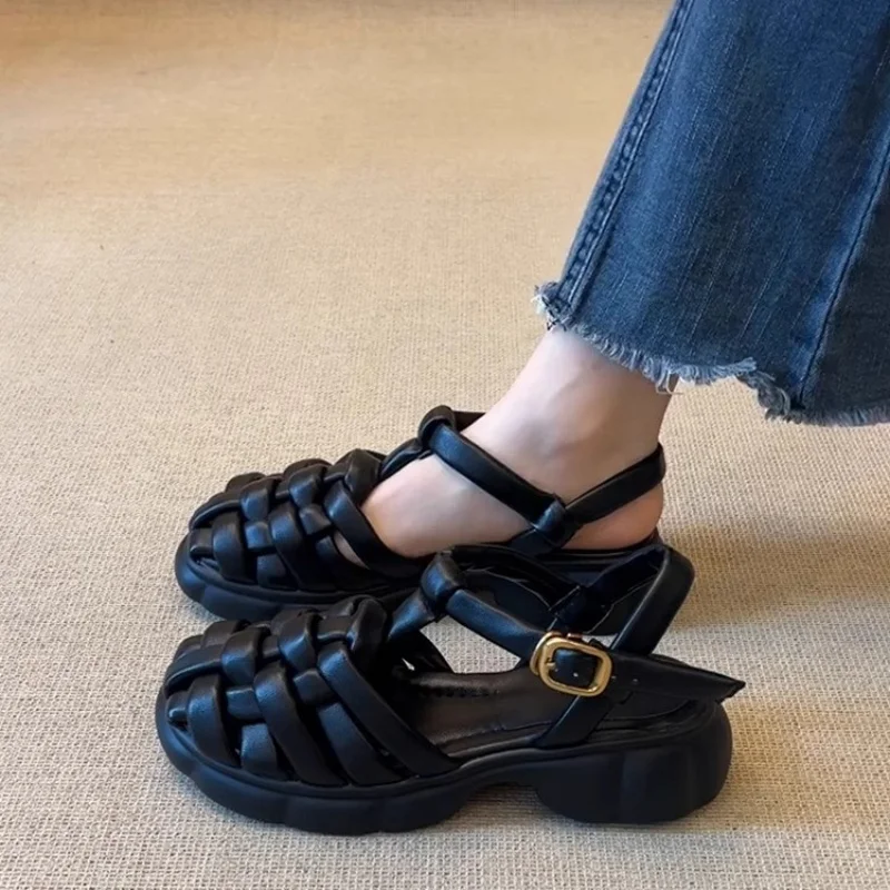 

Retro Woven Roman Women Sandals Metal Buckle Casual Shoes Summer New Trend Hollow Round Toe Shoes