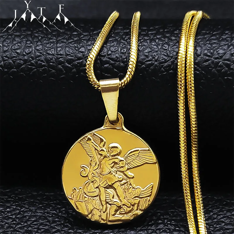 SAINT MICHAEL PROTECT US Archangel Stainless Steel Necklaces Chain Men/Women Gold Color Choker Necklace Jewelry joyas NHH32