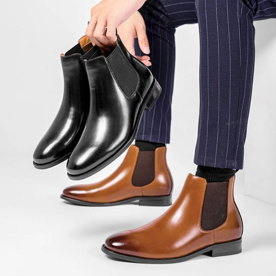 Men's Classic Chelsea Boots Genuine Leather Elastic Side Slip On Ankle Boots Business Formal Dress Boots for Wedding Office Male