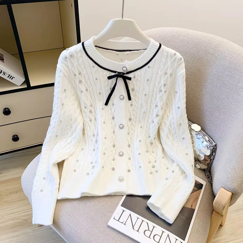 Knitted White Cardigan Women's Sweater Diamonds 2026 Fashion Autumn Winter Long Sleeve Tops Korean Kawaii Knitwear Sweater Coat
