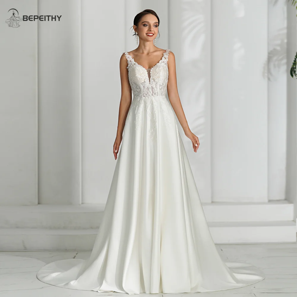 BEPEITHY Customized V Neck Sexy Backless Satin Ivory Wedding Dresses For Women 2024 Lace Bodice Sweep Train Boho Bridal Gown