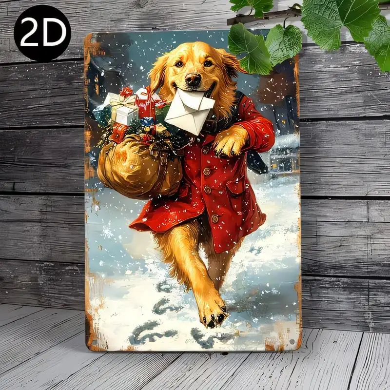 2D Flat Golden Retriever Christmas Vintage Metal Tin Sign - Snowy Winter, Gift Bag & Red Coat, Retro Wall Art for Home/Xmas Deco