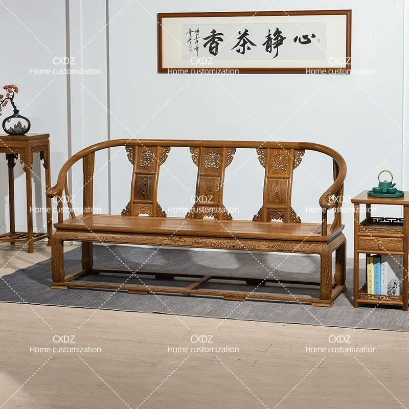 Solid Wood Three Seat Sofa Set with Crown Armchair and Bench Antique Style Recliner for Living Room Furniture Combination