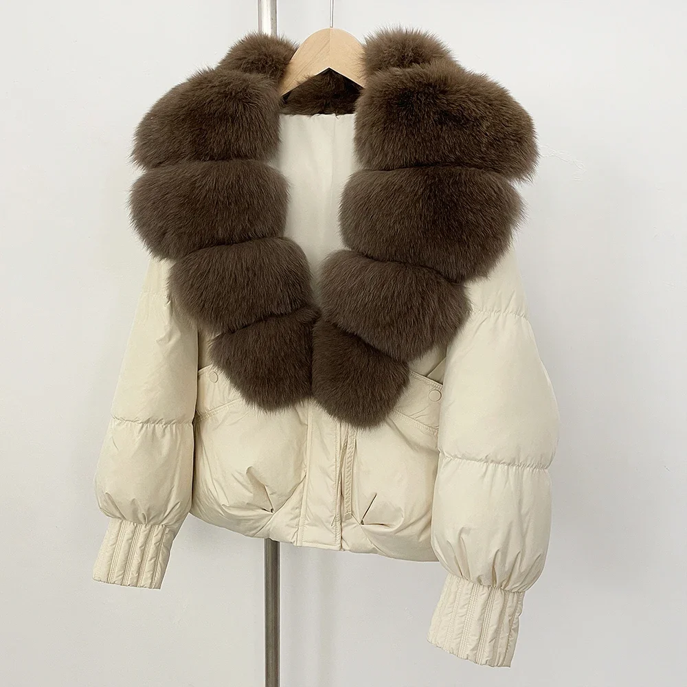 Outono inverno casaco de pele de raposa curto feminino 2025 natural jaqueta de pele real quente pato branco para baixo casaco feminino novas roupas puffer jaqueta