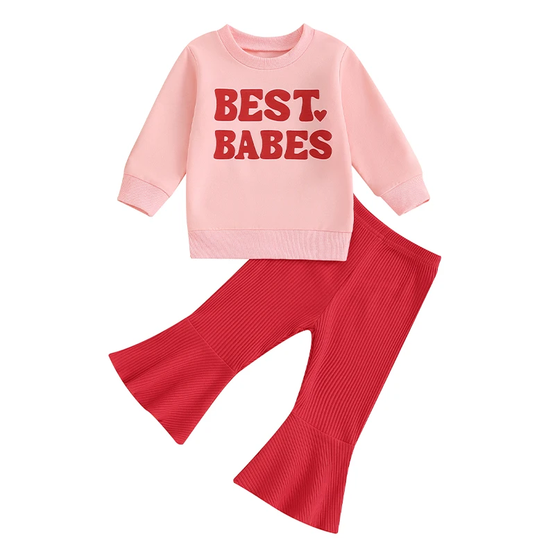 Toddler Baby Girl Valentines Day Outfit Long Sleeve Sweet Sweatshirt Full Of Red Heart Print Flared Pants Set