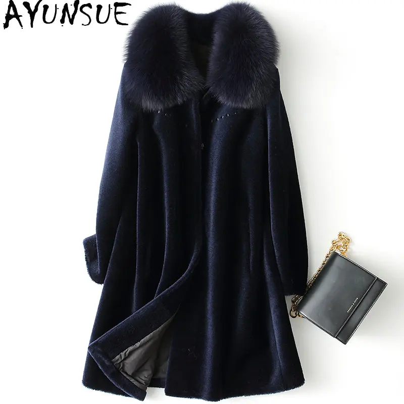 

AYUNSUE Elegant100% Sheep Shearing Jacket Women Autumn Winter Wool Coats for Women Fox Fur Collar Wool Jackets Fur Coats casaco