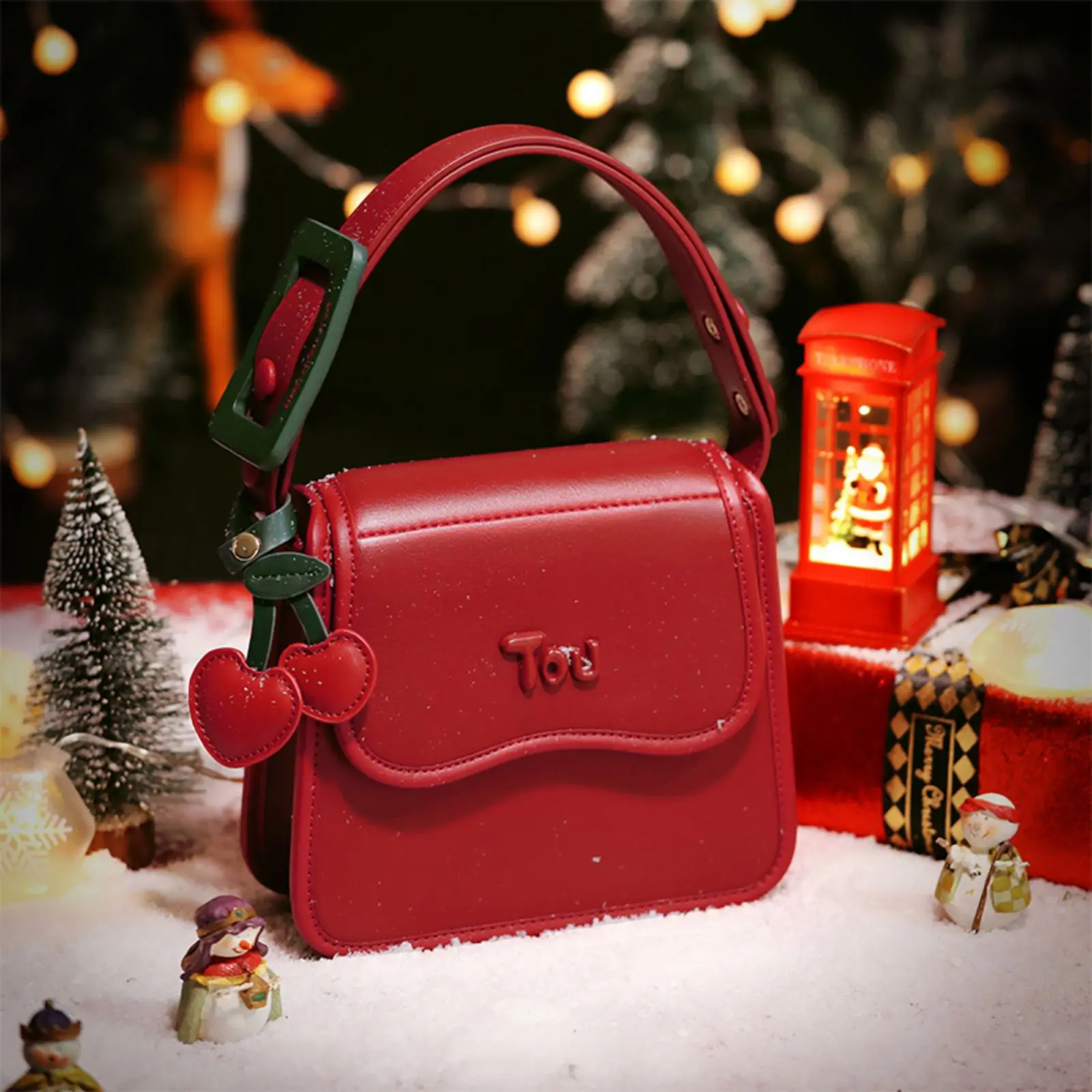 TOUTOU Women Handbag with Cherry Pendent  Red Blue Apricot Brown Small Square Bag Adjustable Strap PU Leather Crossbody Makeup