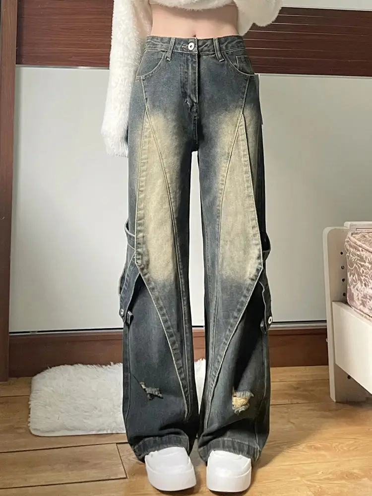 AAA + 2024 estate donna stile Casual Harajuku Jeans Vintage a vita alta pantaloni larghi strappati Y2K gamba larga Punk pantaloni larghi in Denim