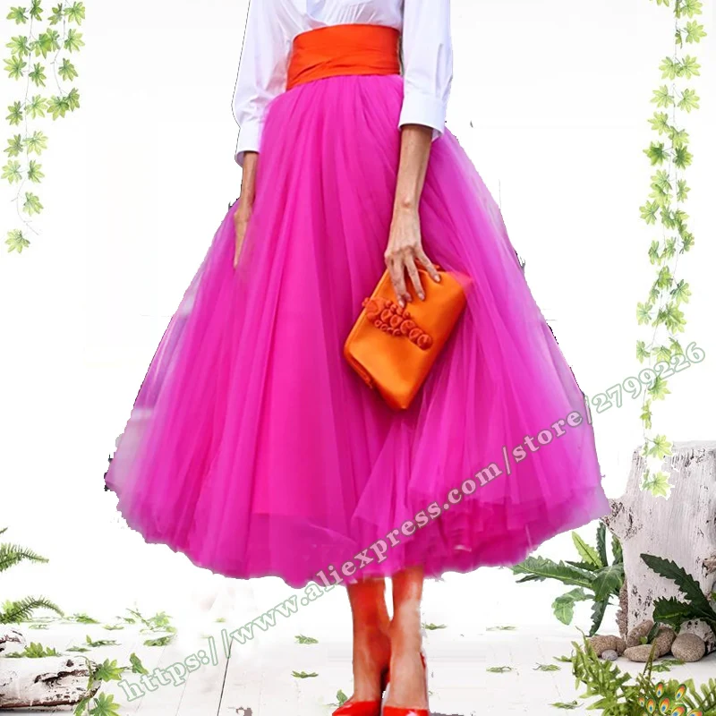 Chic and Elegant Woman Skirt 2024 Fashion Autumn Rose Pink Mesh Skirt High Waist Slim Long Puffy Pleated Half Maxi Skirts womens