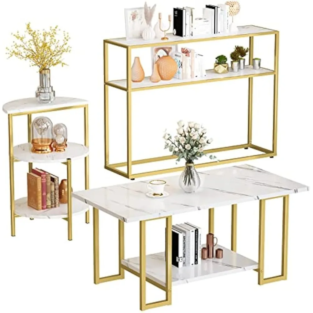 

Living Room Table Set of 3,Faux Marble Coffee Table & 3-Tier Side Table & Console Tables,Modern Table Set with Gold Metal Frame