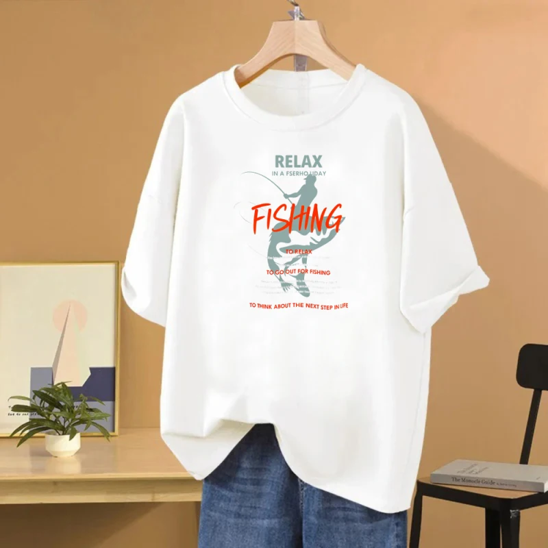 top-feminino-solto-de-algodao-estampado-de-manga-curta-com-padrao-de-pesca-casual-adequado-para-primavera-e-verao
