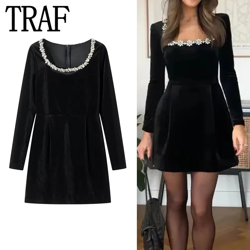 TRAF Rhinestone Velvet Dress Women Vintage Black Short Dresses Woman Long Sleeve French Elegant Chic Dress Evening Party Dresses