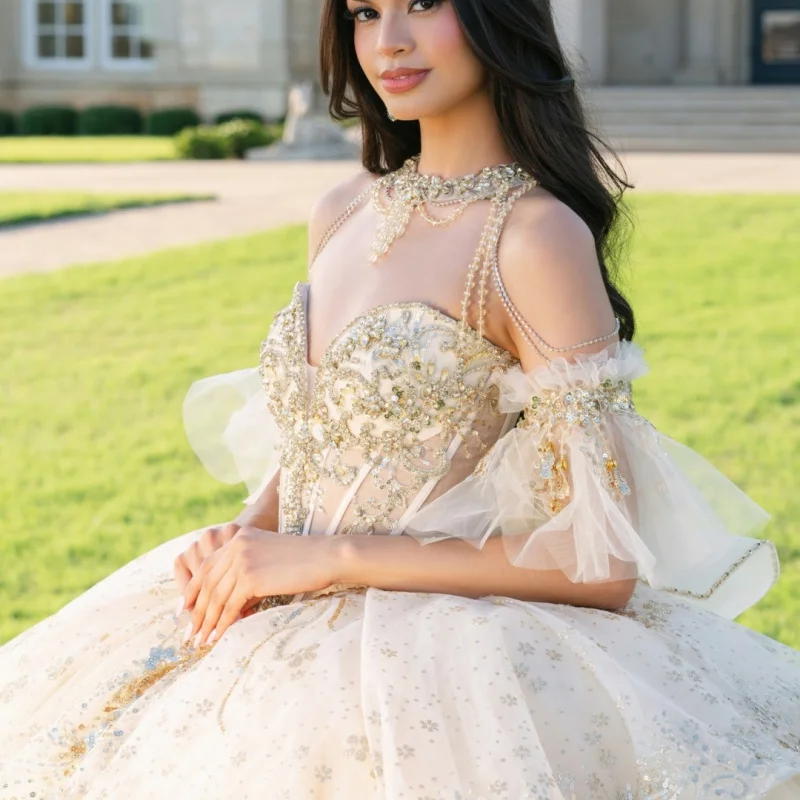 

Shiny Light Champagne Quinceanera Dress crystal Sequins Decal Lace Long tail Bow Vestidos De 15 Quinceanera ﻿Customize