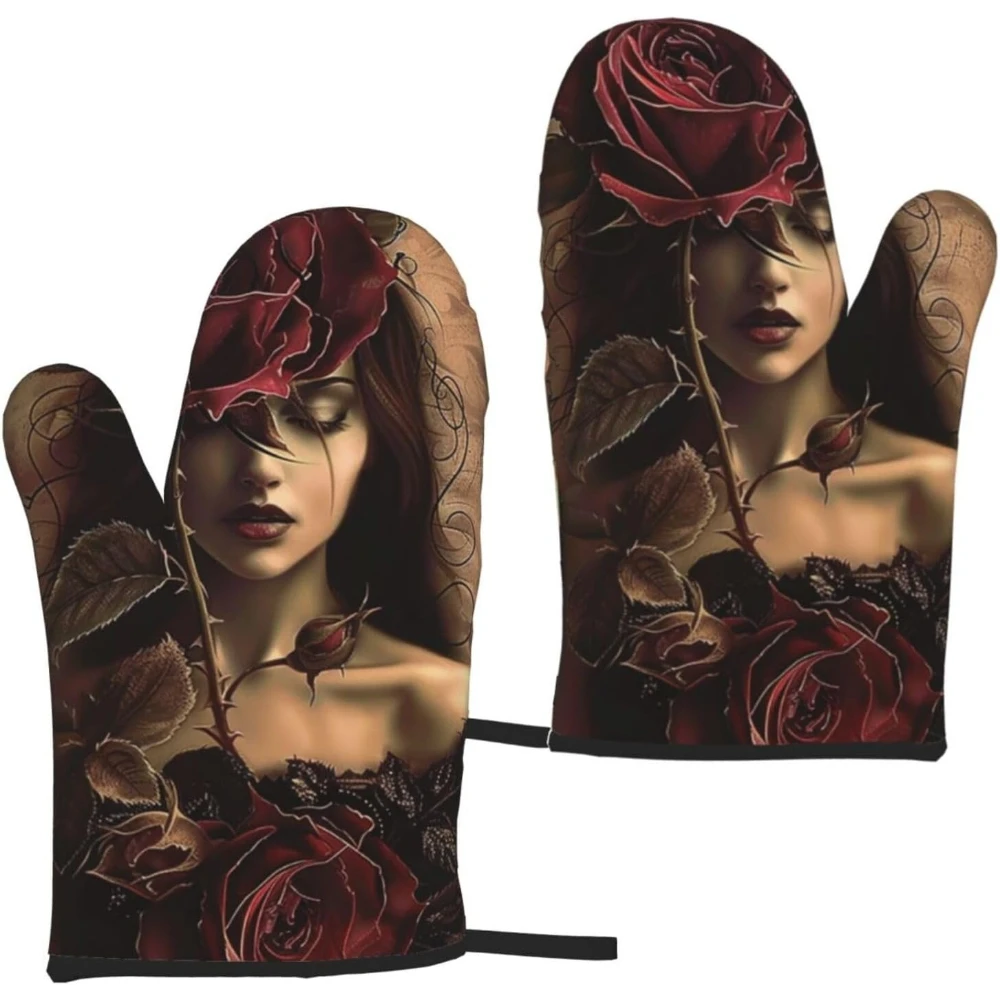 

Gothic Rose Girl Printed Oven Mitts 2pcs - Heat Resistant Waterproof Fabric Oven Gloves for Kitchen, Baking, Barbecue