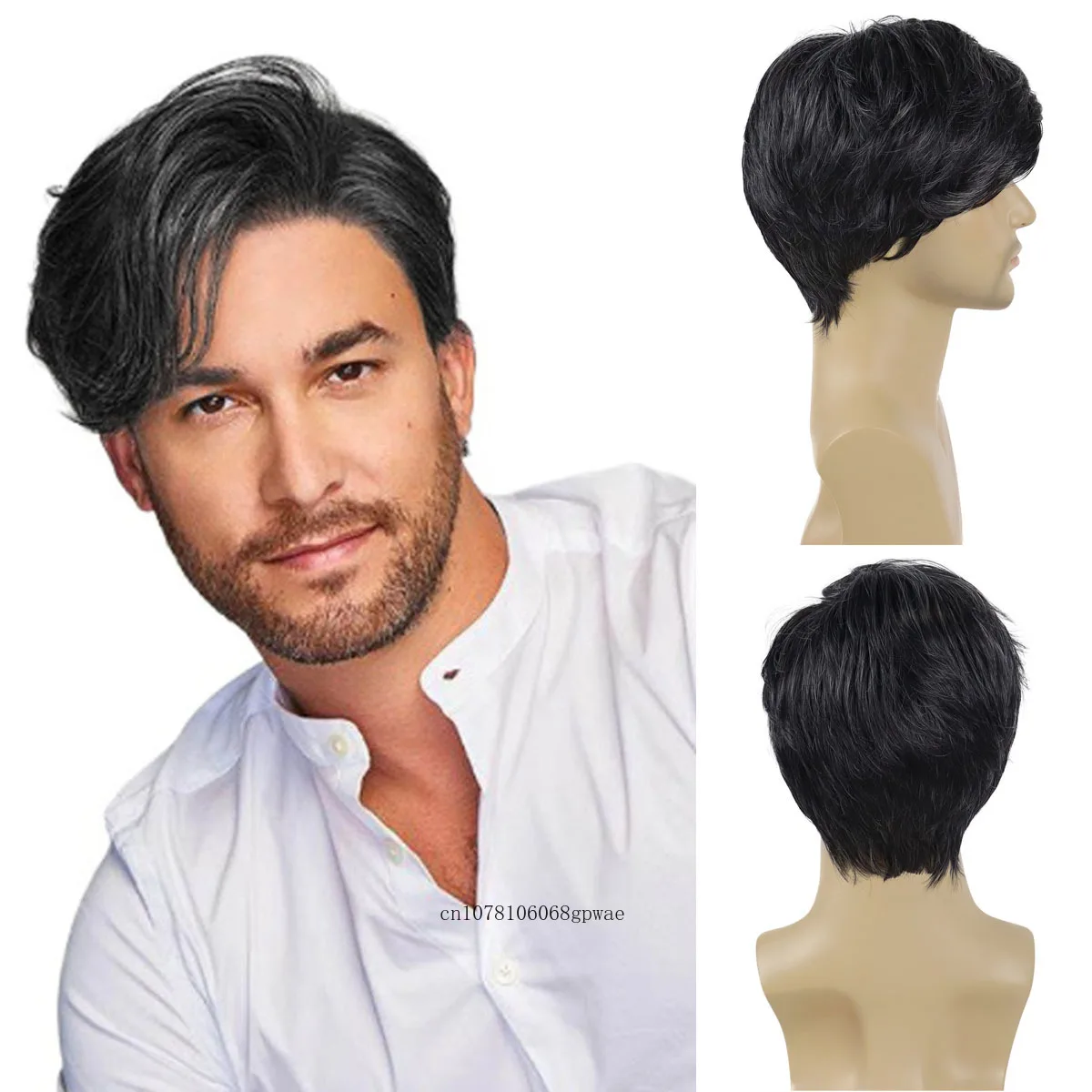 Black Mix White Synthetic Hair Short Wig with Bangs Natural Daily Male Wig Men Side Parting Wigs Party Breathable Heat Resistant