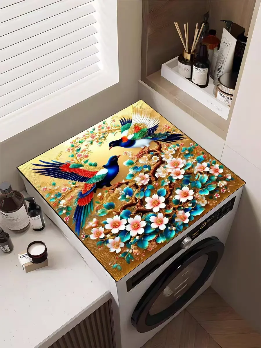 VIKAMA Chinese Landscape Washing Machine Cover Mat Sunset Pine Tree Print Waterproof Anti Dust Laundry Dryer Top Pad Dust Cover