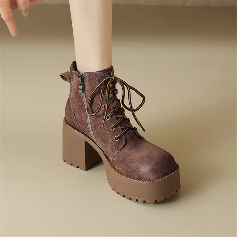 New Winter Split Leather Women Shoes Round Toe Short Boots for Women High Heels Winter Boots Women Platform Boots Ladies Shoes