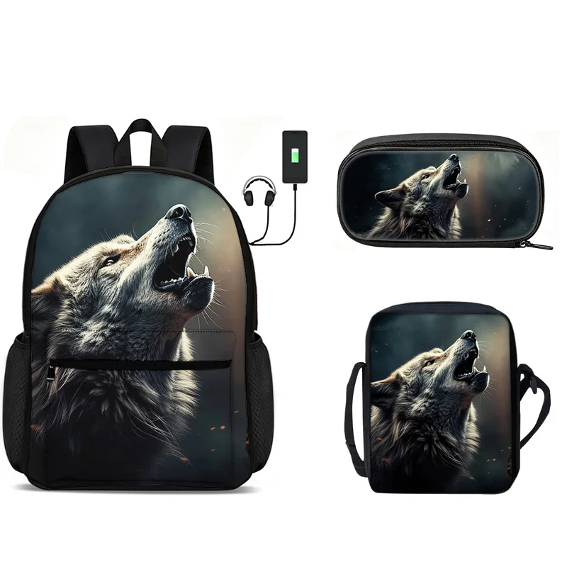 Wolf 3Pcs Set Large-capacity Backpack School Bag Withshoulder Bag Pencil Case Lightweight Large Capacity Multi-function