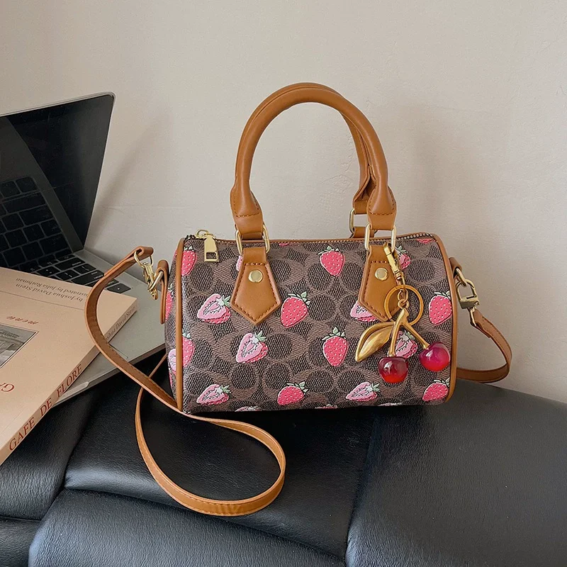 Luxury Designers Crossbody Bags Cherry Pattern PU Leather Boston Handbag Shoulder Bags  Bolsos Mujer Bags for Woman Tote Bag