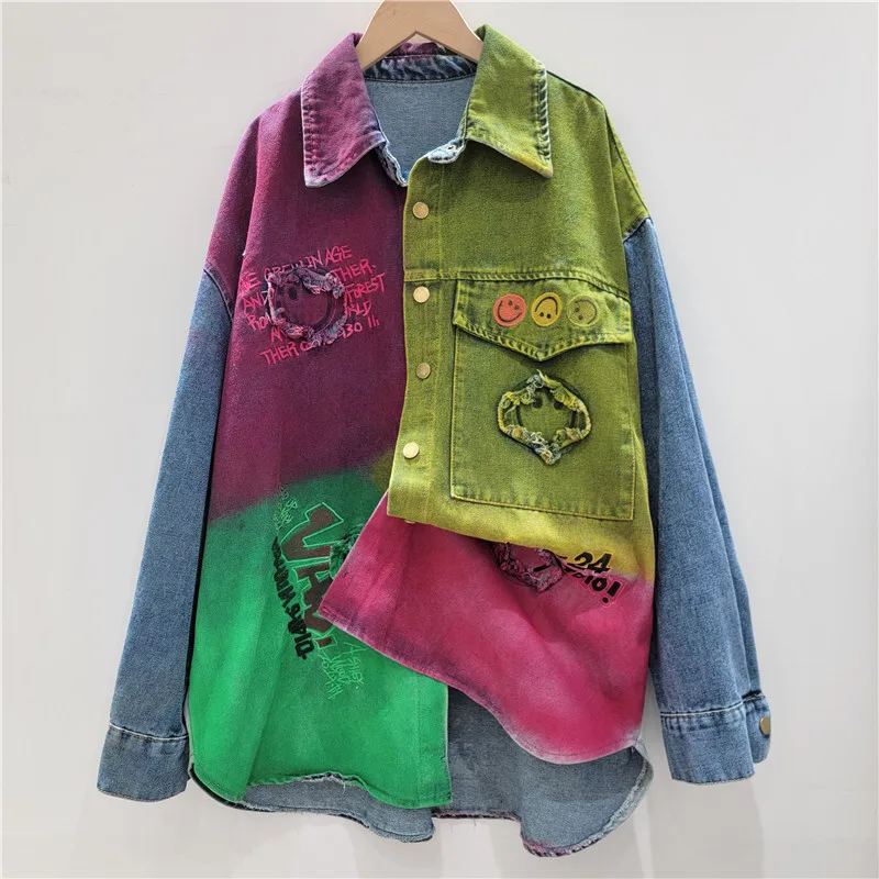 Women Design Heavy Industry Hand-painted Graffiti Loose Versatile Denim Jacket Street Splicing Contrasting Jean Coat Shirt Top
