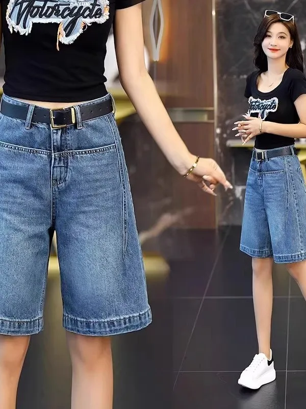 

High Waist Wide Leg Thin Denim Jeans Women's Five-Quarter Length Summer Style Loose Fit Straight Cut Slimming Shorts