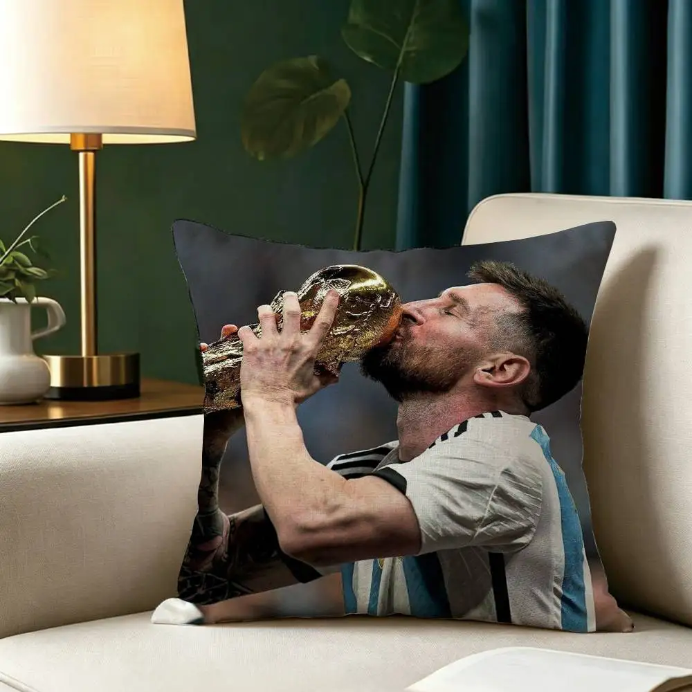 L-Lionel Messi Football GOAT Sports Square Double-Sided printed Pillow Case Bedroom Bedside Pillow Sofa Cushion Cover