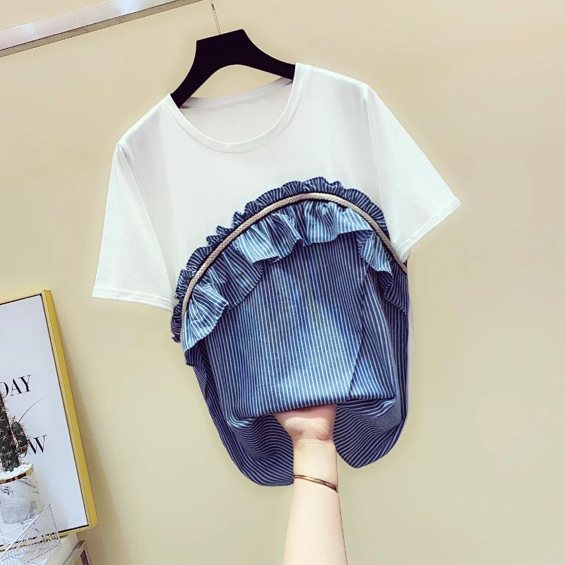 Neploe Ruffle Edge Striped Patchwork Tops 2024 Summer Women Elegant Retro Loose Fitting Student Versatile Half Sleeve T-Shirt