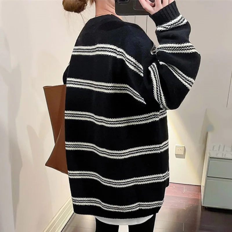 Ladies Mid Length Version Stripe Knitwear Autumn Winter Female Long Sleeved Knitting Lazy Wind Women Loose Fit Pullover Sweaters