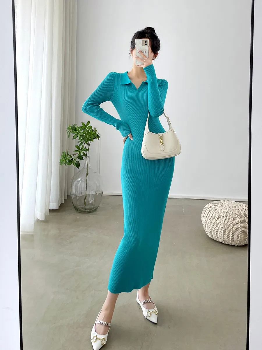 

Women Autumn Knitted Dress Polo Neck Sexy Slimming Elastic Basic Bodycon Sweater Dress Winter Knitting Warm Long Dress G81