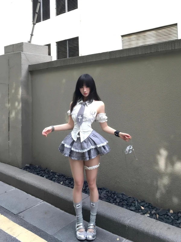 

Slimming Chic Design Sweet And Spicy School Style Two-Piece Set with Shoulder Bared Shirt And High Waist Puffy Short Skirt fo...