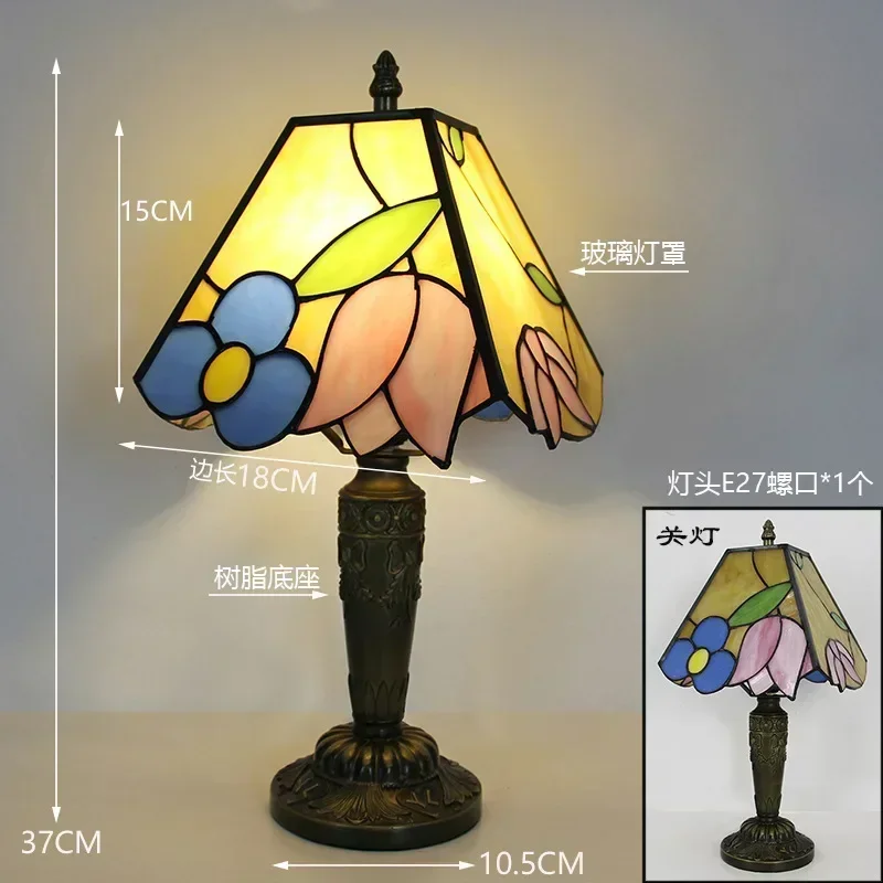 8inch 20cm Handmade Soldering Process Retro Stained Glass Tiffany Red Flower Lampshade Resin Base Table Lamp Desk Lamp