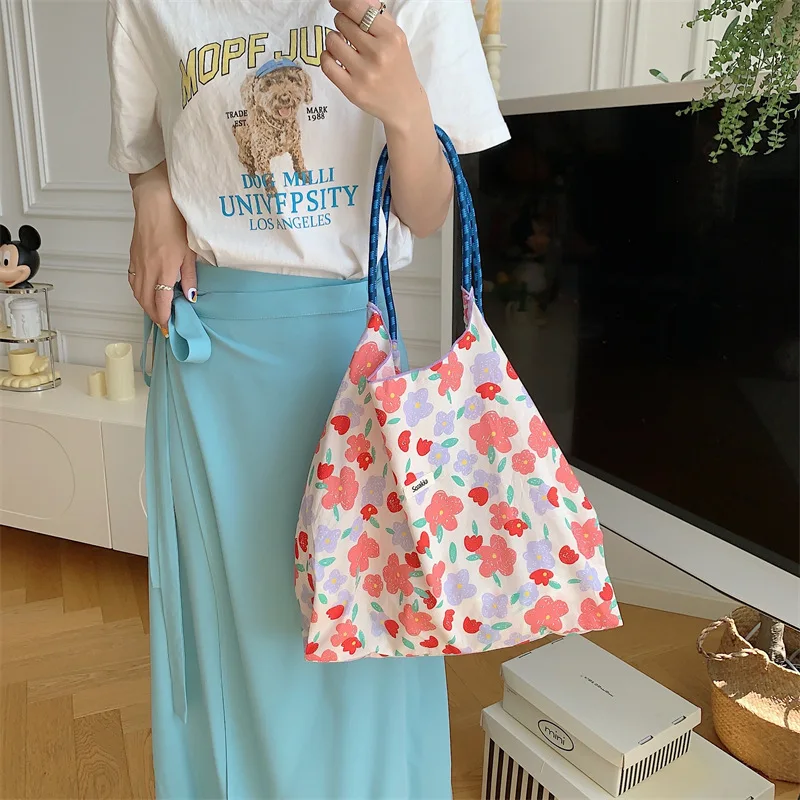 Korean Style Summer Large Capacity Hand Shoulder Bag Drawstring Shopping Bag Floral Tote Bag Underarm Bag