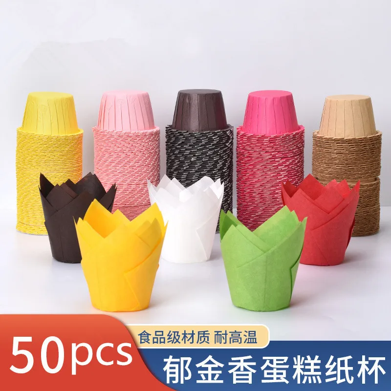 

50pcs Tulip Muffin Cupcake Flip Top Hat Paper Cups Holiday Birthday Party Tray Baking Tools Kitchen Supplies
