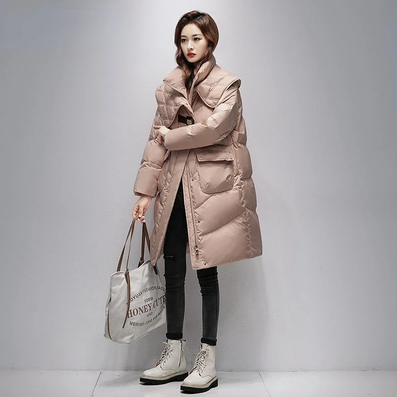 

2023 Winter Down Jacket White Duck Down Women's Loose Large Warm Warm Bread Coat Cloak Stand Collar Scaff Puffer Coat B08