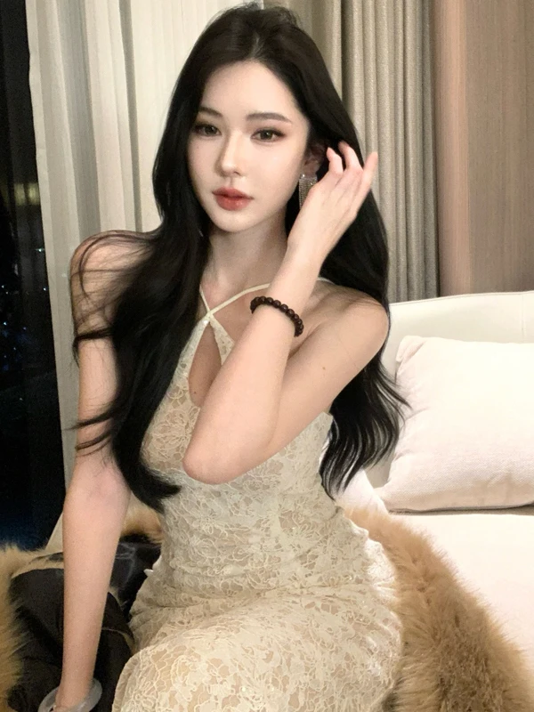 فستان سهرة أنيق من الدانتيل باللون البيج للنساء بدون أكمام بدون ظهر فستان حورية البحر فاخر للحفلات الراقصة فيستدوس رداء غاو #4