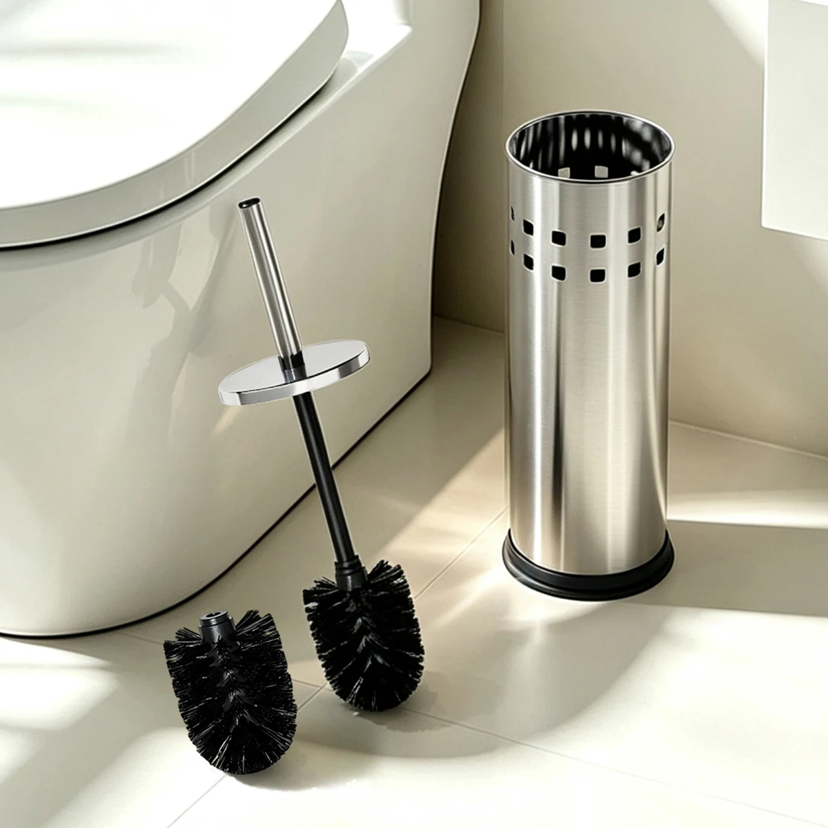 Stainless Steel Toilet Brush with 2 Replacement Heads, Freestanding Bathroom Bowl Cleaner with Double Row Square Holes