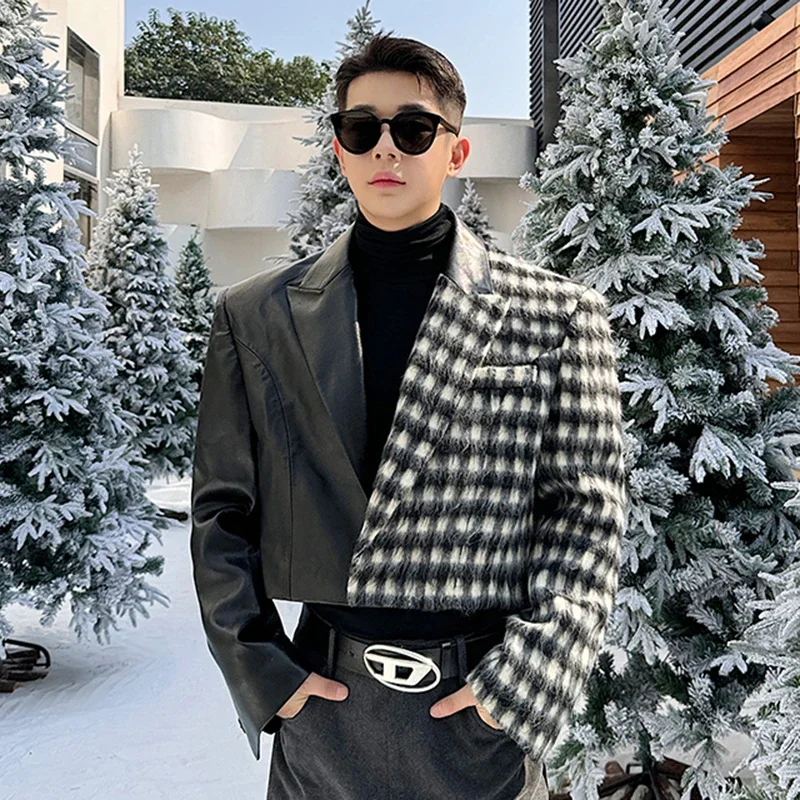 Men's Jacket Contrast Color Plaid Woolen Leather Patchwork Short Coat Versatile  Collar Male Top