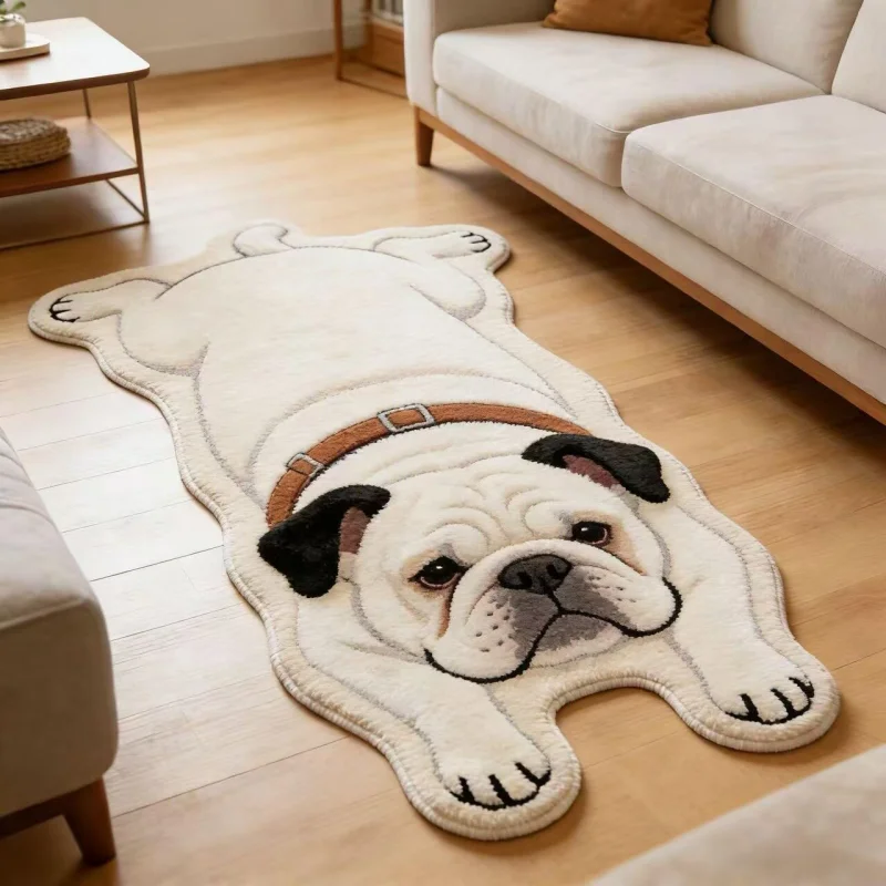 VIKAMA Cartoon Lying Pug Bulldog Irregular Runner Rug Anti Slip Washable Floor Mat Entryway Kids Room Home Decoration