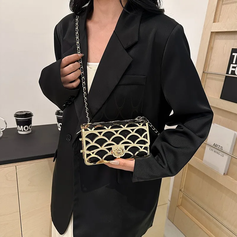 2024 New Metal Female Bags Luxury Designer Handbags Purses Hollow Out Dinner Party Crossbody Bag Mini Square Bags For Ladies