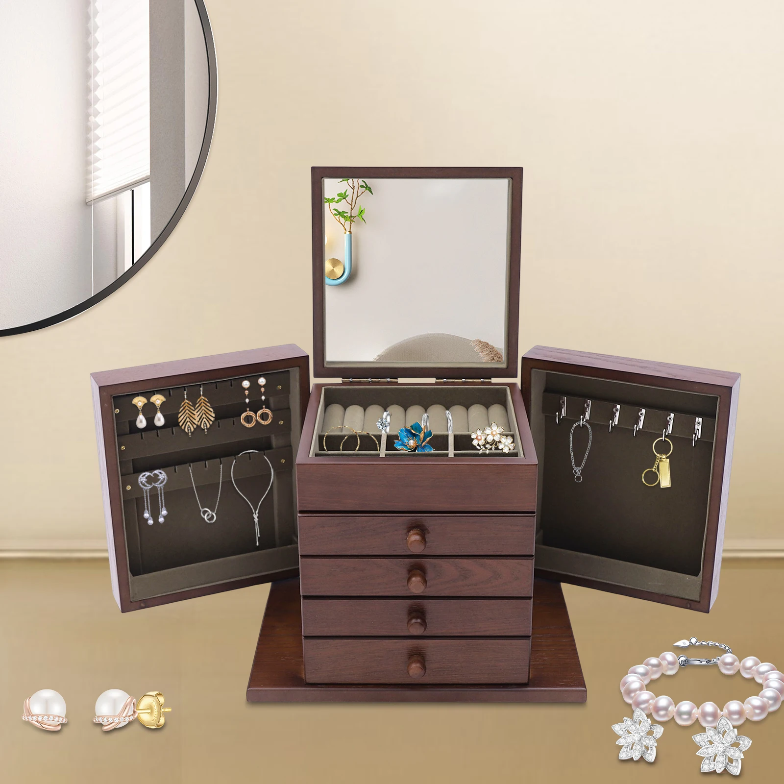 Jewelry Box with Mirror 4 Drawer Organizer for Rings Earrings Necklaces, Vanity Tabletop Storage Case W/27 Hairpin Slots