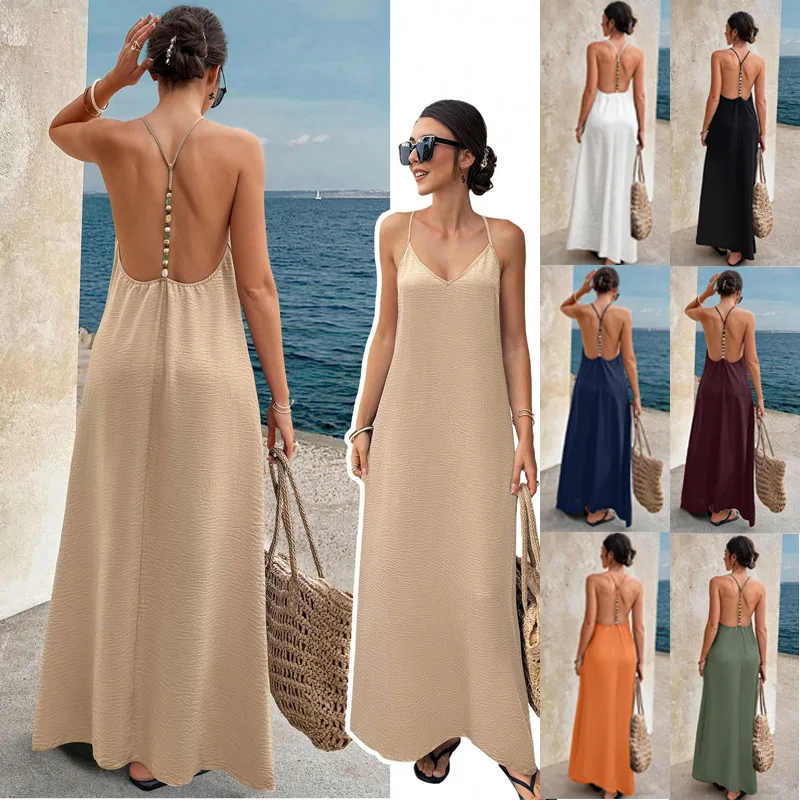 

2026 Fashionable Casual Solid Color V-neck Backless Sexy Sleeveless Camisole Dress