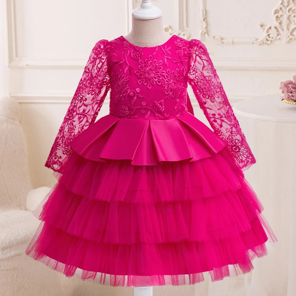 

Long Sleeve Bow Party Dress for Girls Elegant Flower Birthday Embroidery Princess Girl Dresses Wedding Tulle Prom Kids Clothing