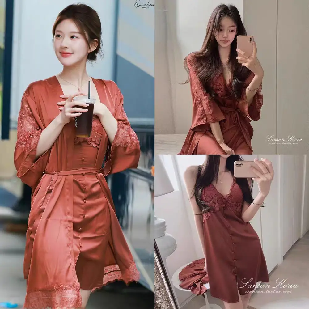 

Love's Ambition Xuyan Пижамы Сексуальная кружевная отделка Халат Костюм 2 шт. Атласное интимное белье Кимоно Платье на тонких бретельках Роскошные пижамы