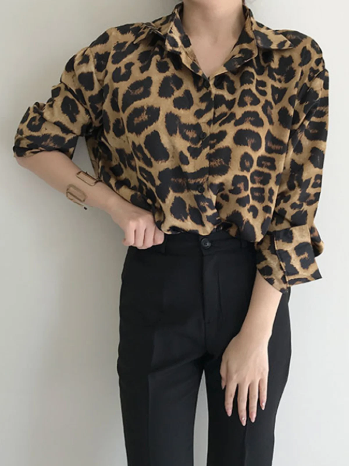 Retro Hong Kong Sle Women's Long Sve Leopard Print irt Spring Autumn Loose Fit Versatile Casual Top Korean Straight Cut