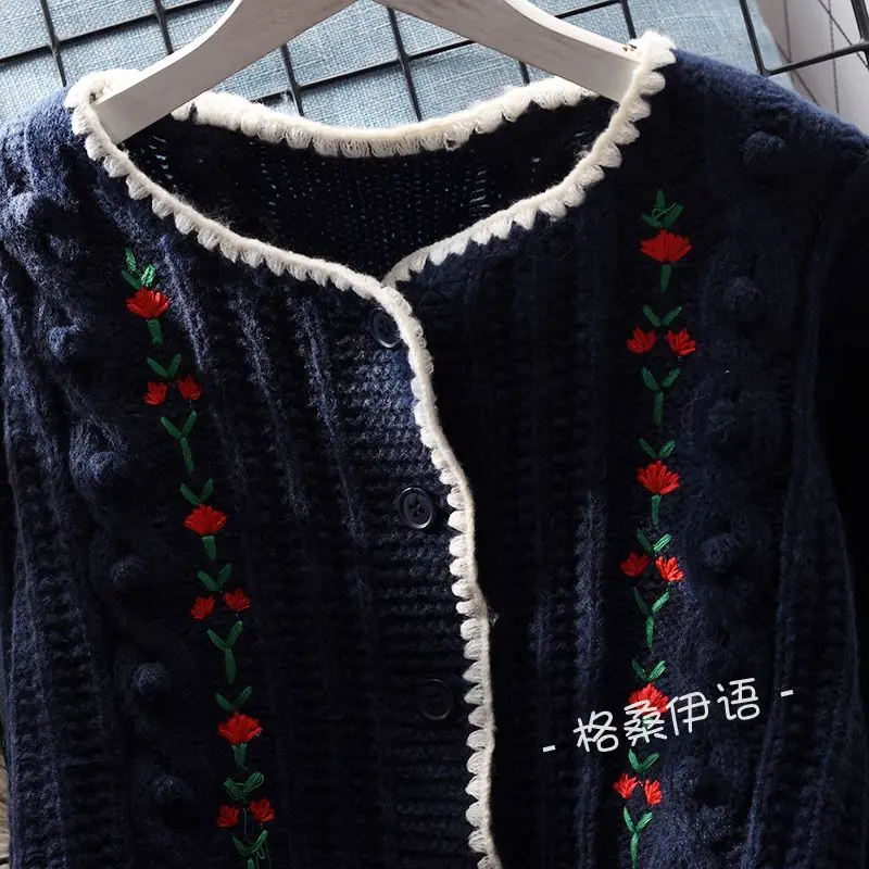 Embroidered knitted cardigan for women loose sweater Japanese sweet women soft glutinous long sleeve o neck sweater female tops