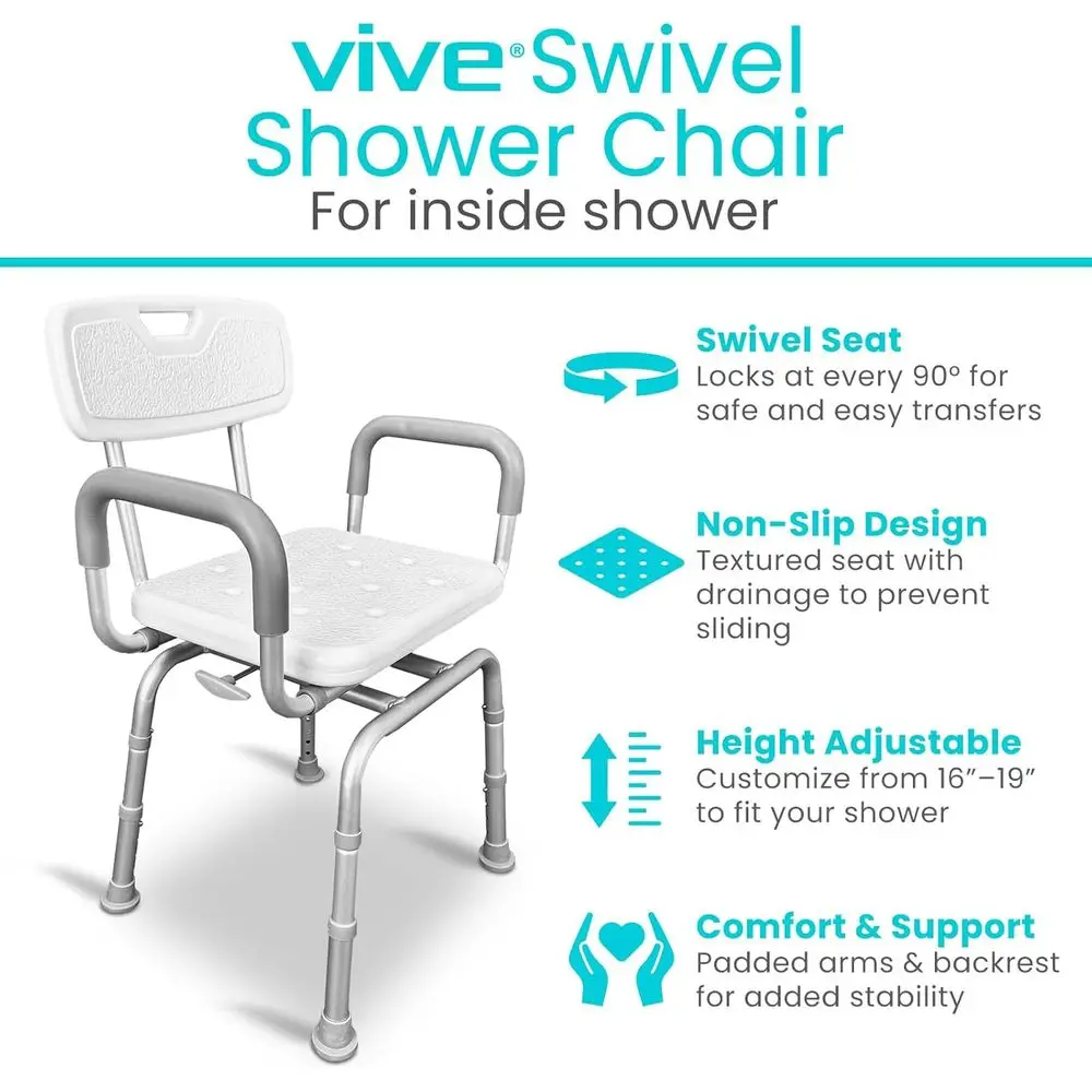 360° Swivel Shower Seat for Elderly & Disabled Adults - Height Adjustable, Narrow Design, Removable Back & Arms