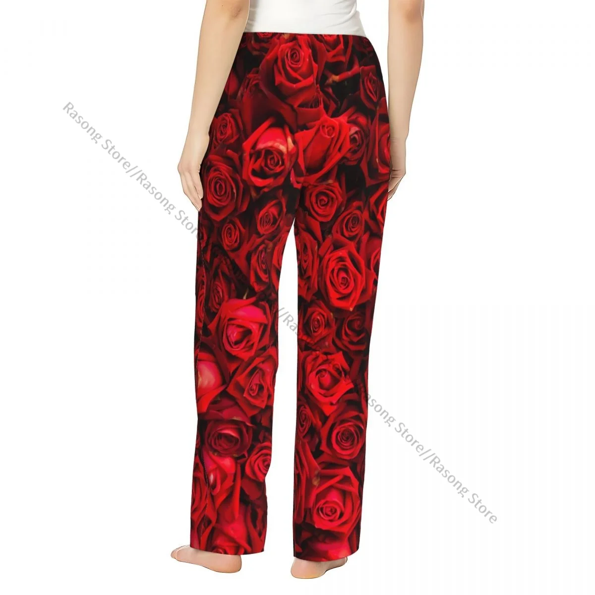 Red Natural Roses Women Sleep Pants Warm Flannel Lounge Pants for Winter Nights
