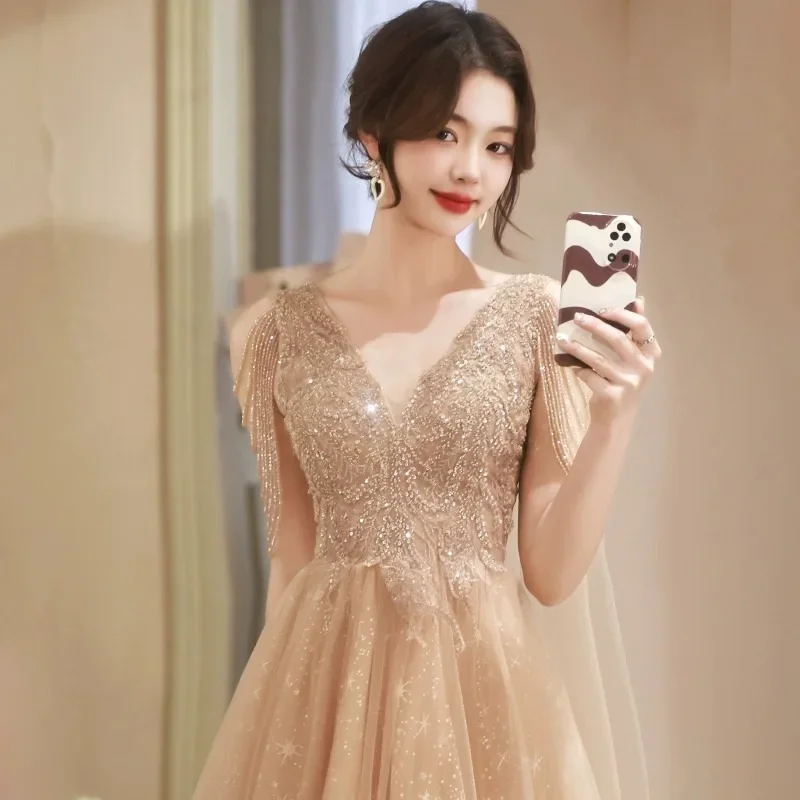 Customized Khaki Banquet Evening Dress Spring/Summer New Style Sparkling Tassel Choral Performance Dress New Year Party Dress