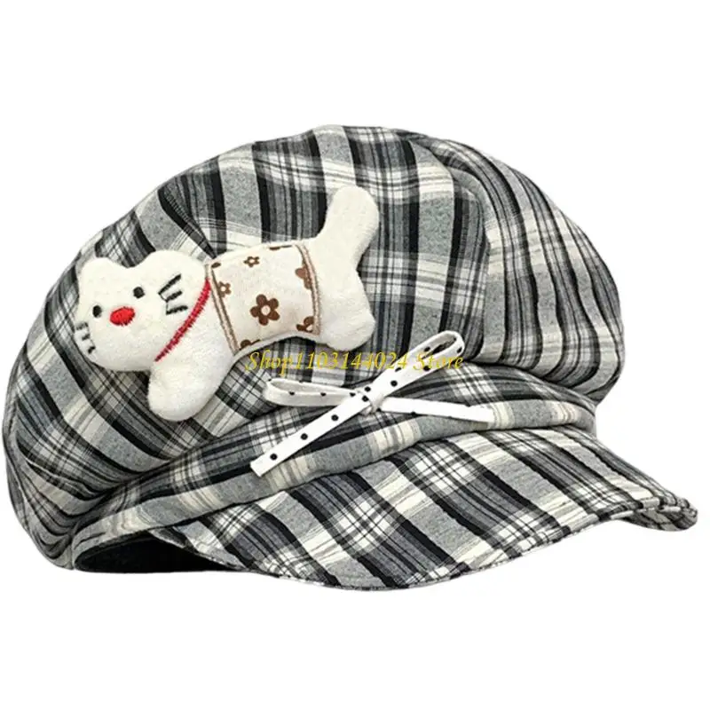 

N5KE Anime Design Checkered Hat with Lovely Cats Bowknot 2000S Trucker Hat For Women