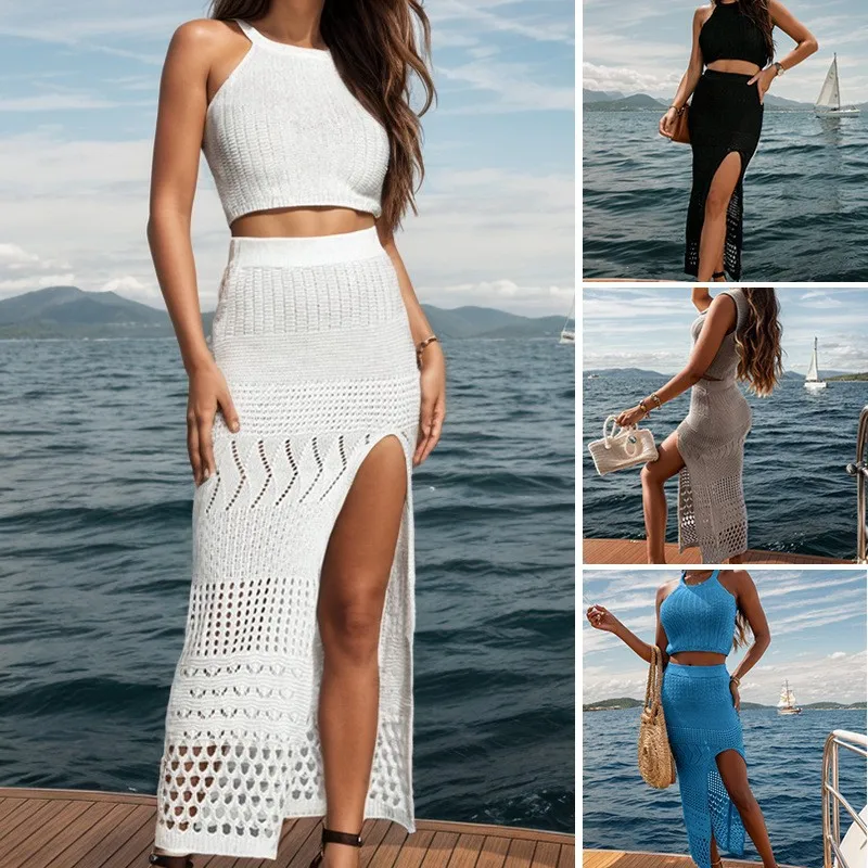 Slim Fit Straight Tube Bikini Cover up Long Beach Dress Women's Mid-Length Open Split Fashionable Summer Outerwear